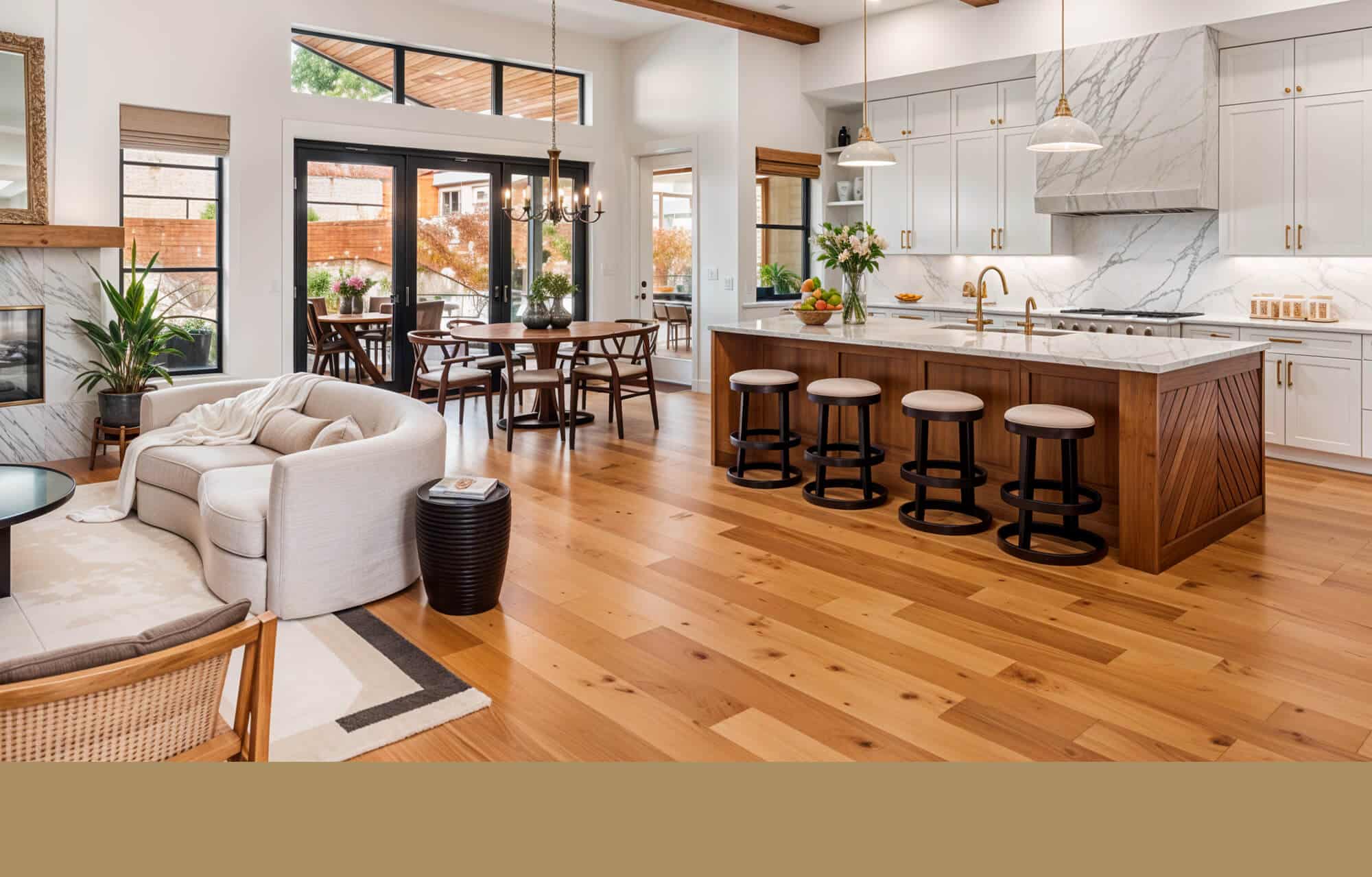 A modern kitchen and living room with polished wood floors, showcasing a harmonious blend of style and comfort.